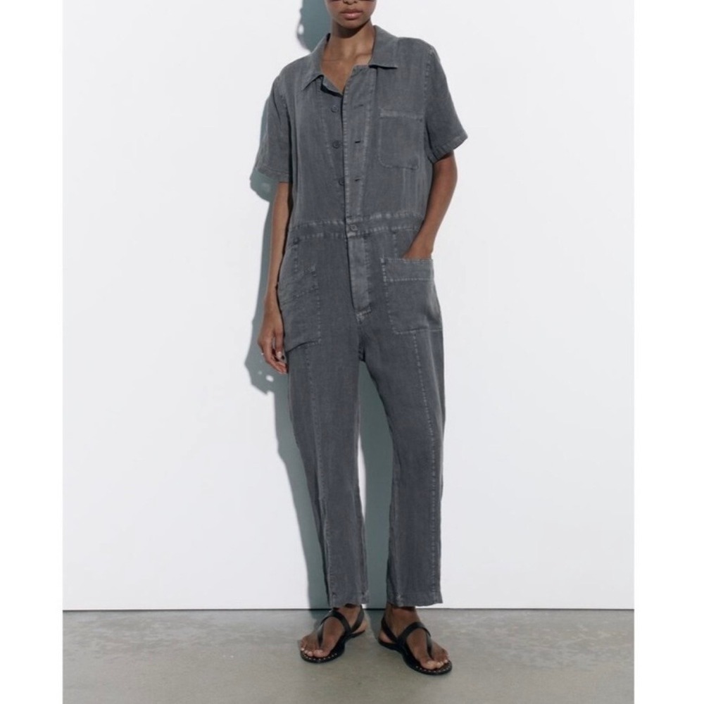 Zara Jumpsuit Women Extra Small Gray Utility 100% Linen Short Sleeve Button Up - Picture 2 of 16